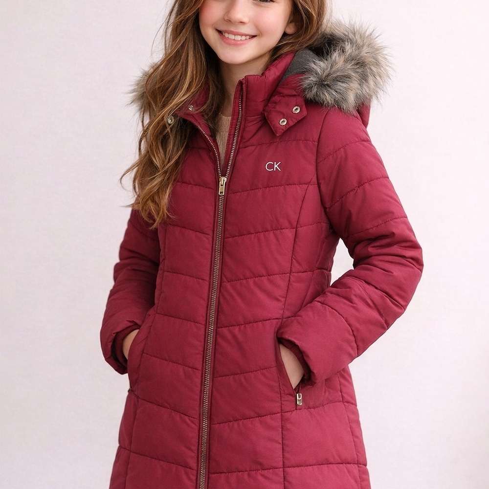 CK Burgundy Quilted Hooded Coat